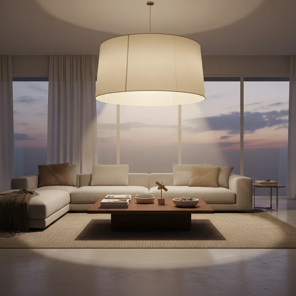 Large ceiling light over a beige sofa and wooden coffee table with sunset view windows