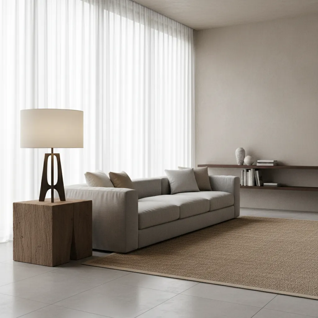 Simple living room with grey sofa, large table lamp, wooden side table, brown rug, curtains