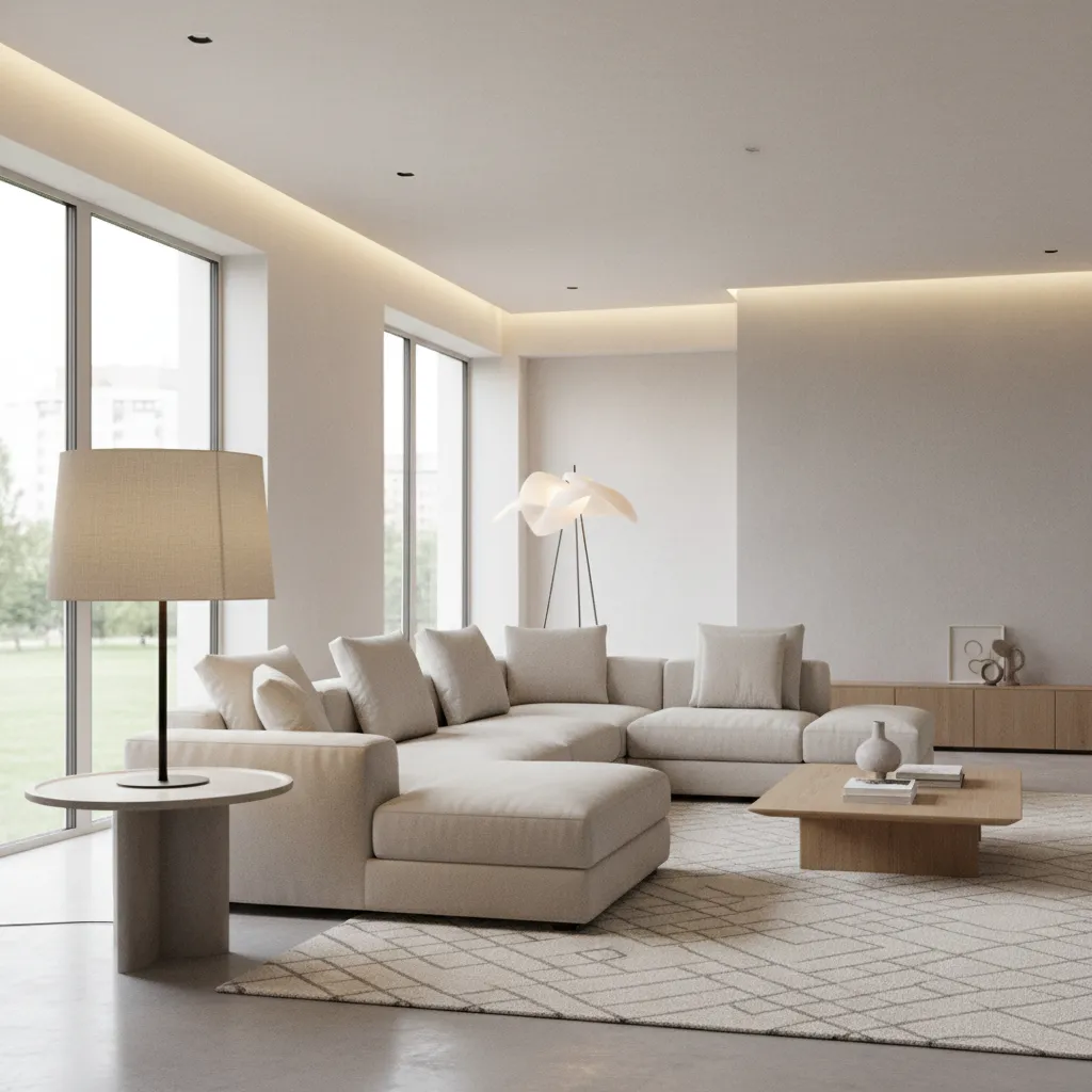 Modern living room with large white sectional sofa wood coffee table and beige table lamp