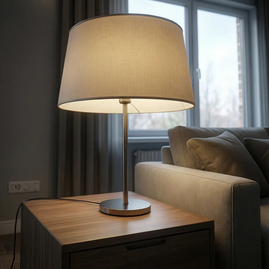Large table lamp on wooden side table next to grey sofa with warm glowing light