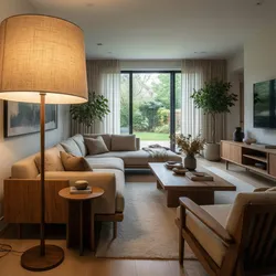 Cozy living room featuring large floor lamp beige sofa wooden coffee table and garden view