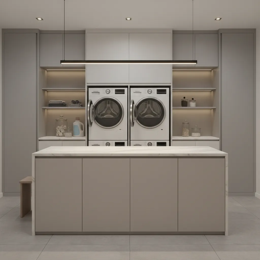 laundry room with oversized island blocking appliance doors