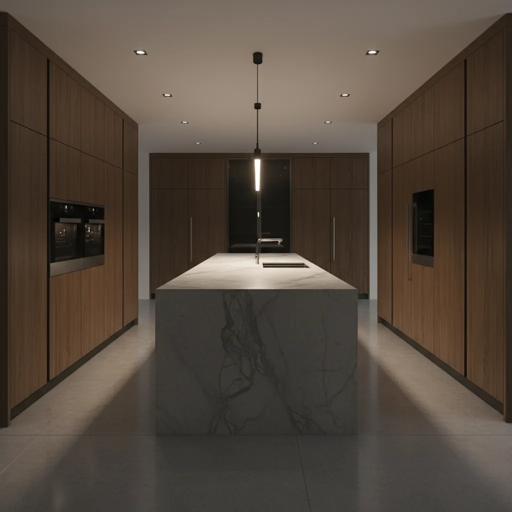 kitchen island with an oversized linear pendant extending close to the island edges
