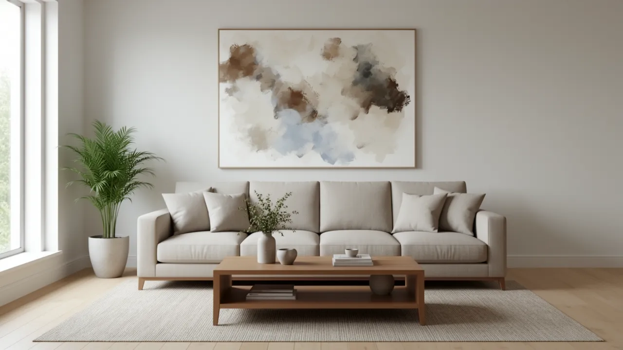 Living room with oversized abstract painting above sofa