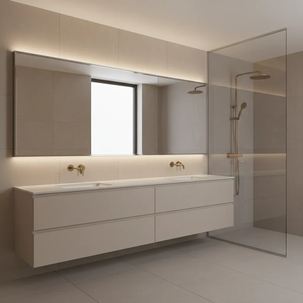 modern bathroom with single oversized mirror above double vanity