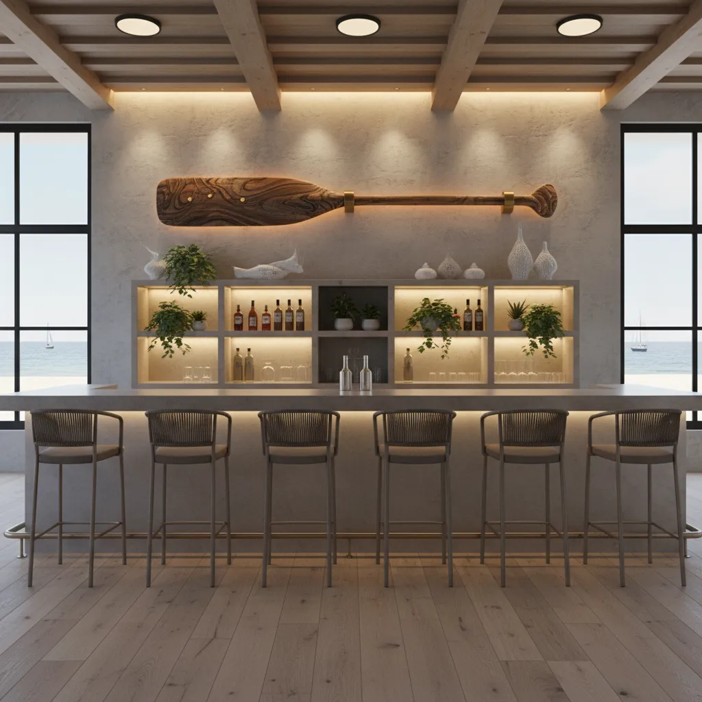 Large decorative wooden oar installed as statement wall decor in coastal hotel bar