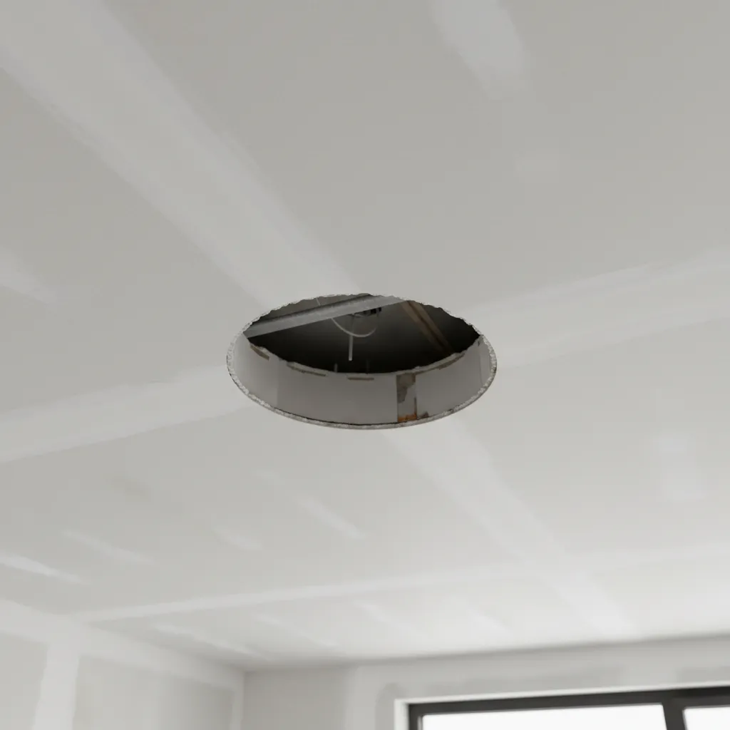 oversized recessed lighting hole in drywall ceiling before repair