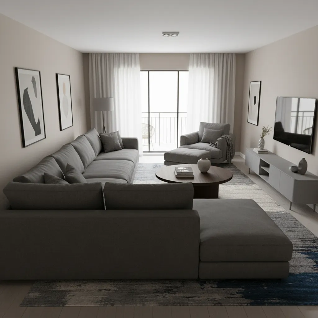 Oversized sectional sofa filling most of a medium sized square living room