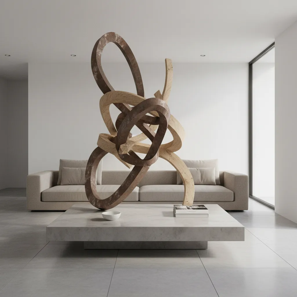 Coffee table overwhelmed by oversized decorative statue