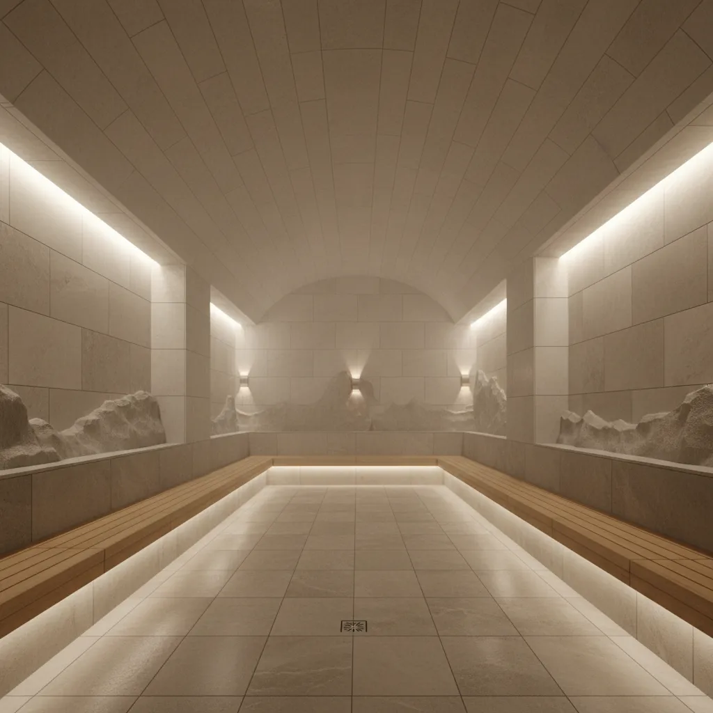 Large steam room interior showing excessive ceiling height and empty volume