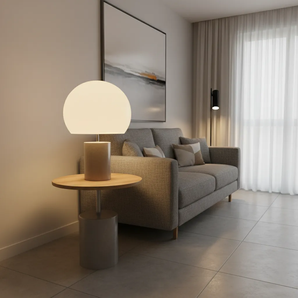 oversized table lamp on a small side table in a compact living room