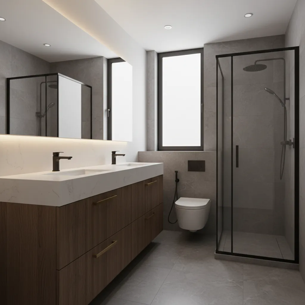 Oversized vanity crowding a small narrow bathroom