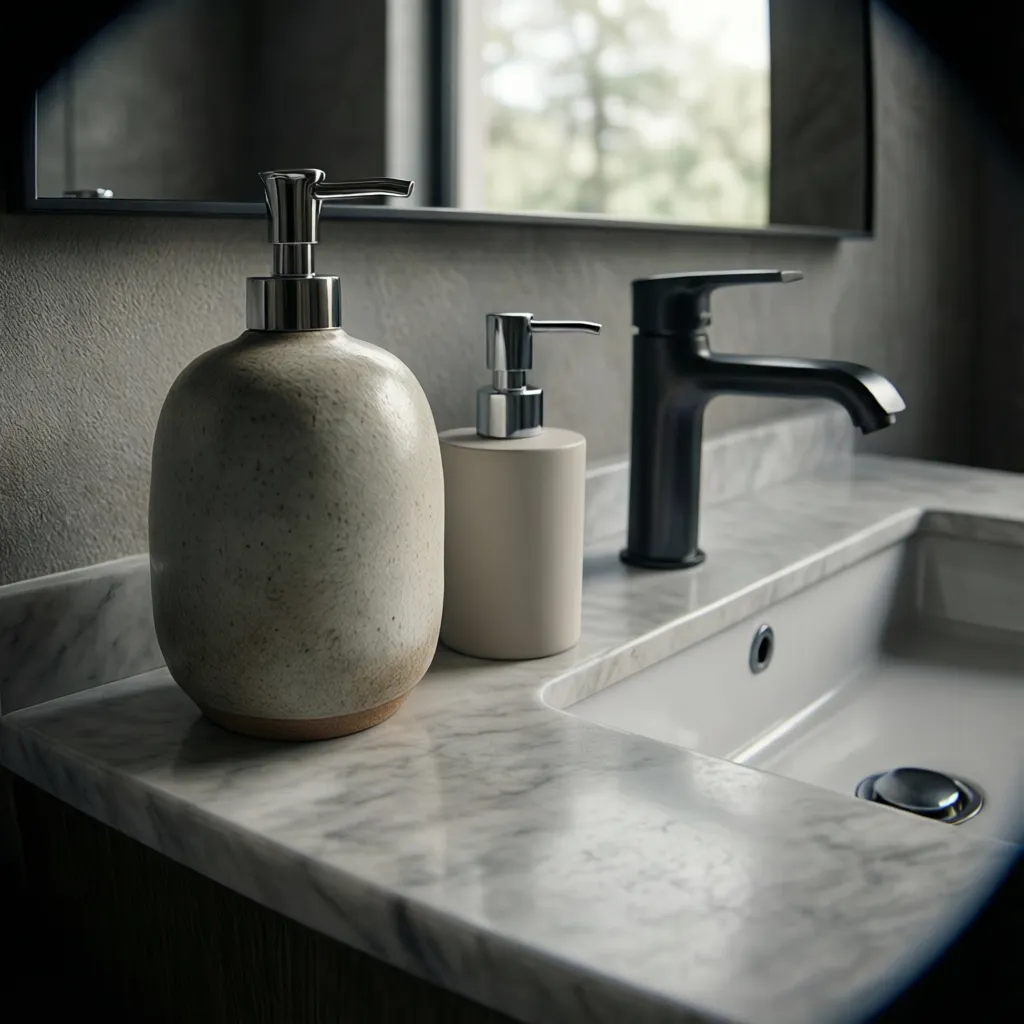 Large soap dispenser next to a compact dispenser on a small bathroom sink