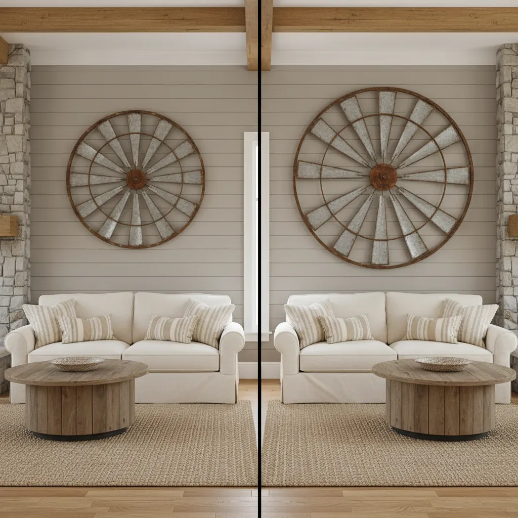 Comparison of medium and oversized windmill wall decor above furniture