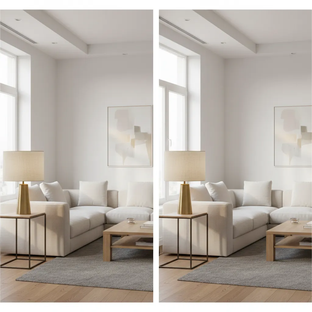 Side by side comparison of living room with white sofa and different sized table lamps