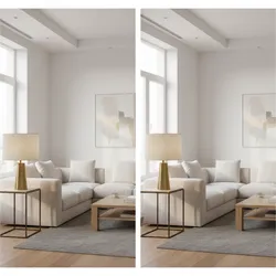 Side by side comparison of living room with white sofa and different sized table lamps