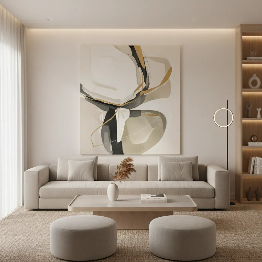 Living room sofa with oversized wall art creating a high end focal point