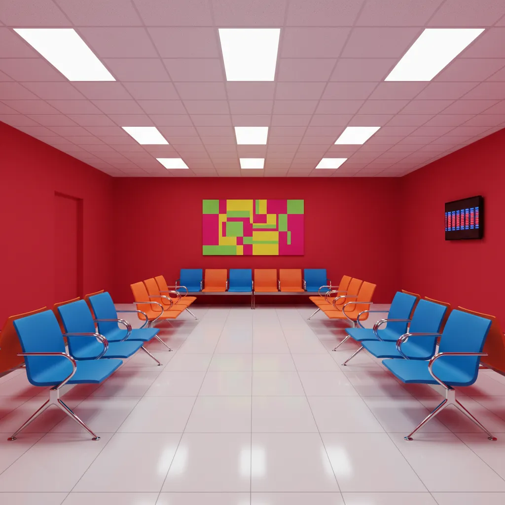 waiting room with overly bright red walls creating visual tension