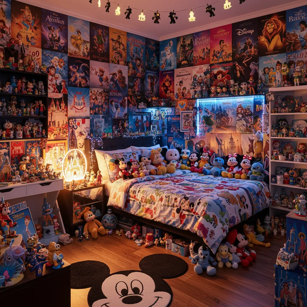 Disney themed bedroom overloaded with posters toys and bright colors
