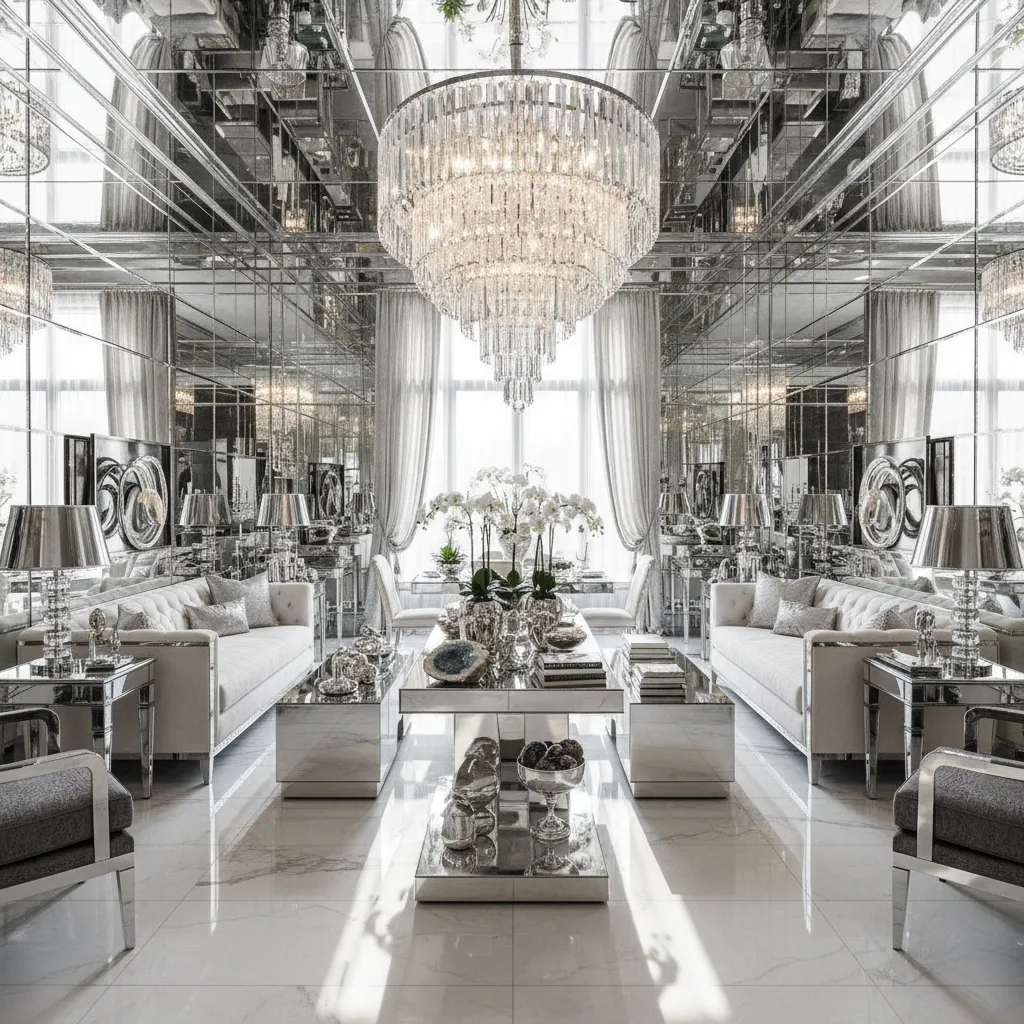 Living room overloaded with mirrored furniture crystal decor and metallic accents