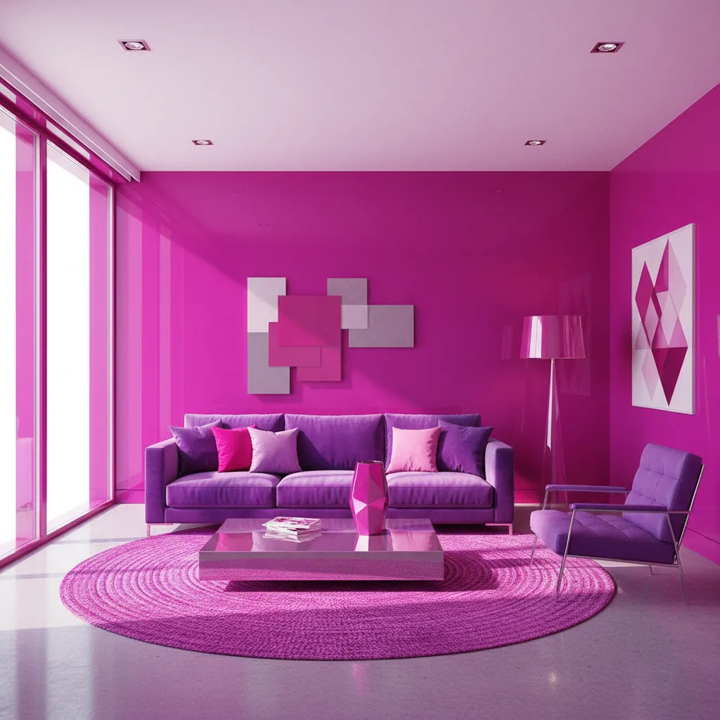 Interior room where pink and purple colors dominate walls furniture and decor