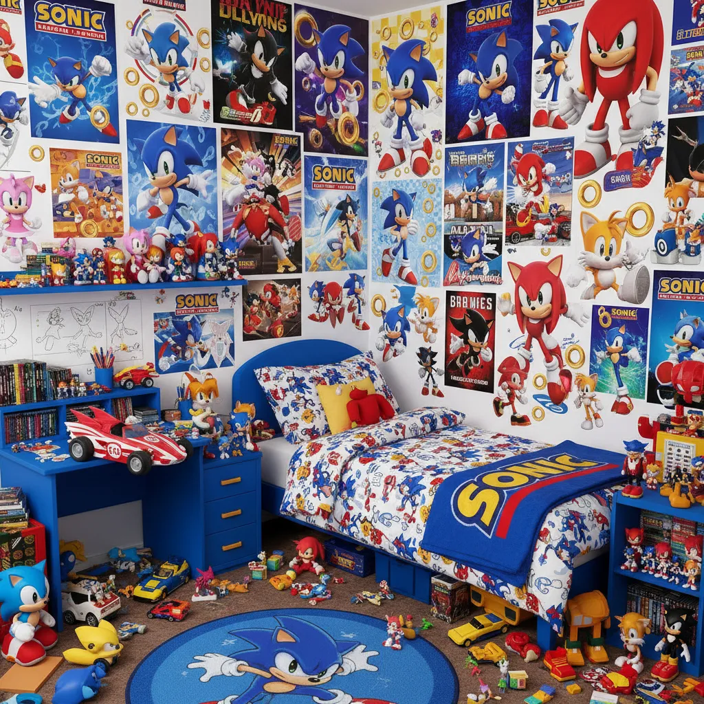 cluttered sonic themed bedroom with too many posters decals and colors