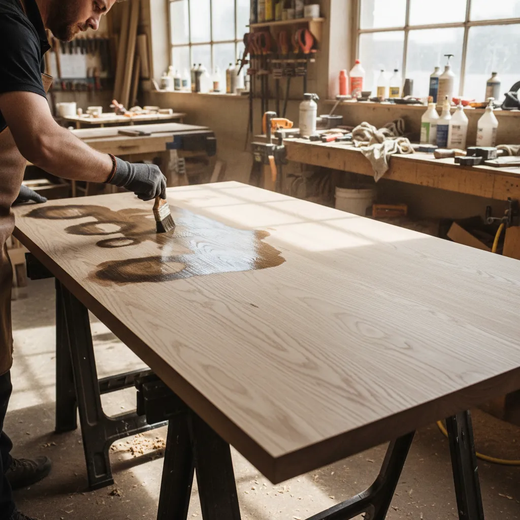 Oxalic acid treatment removing dark water stain from oak wood surface
