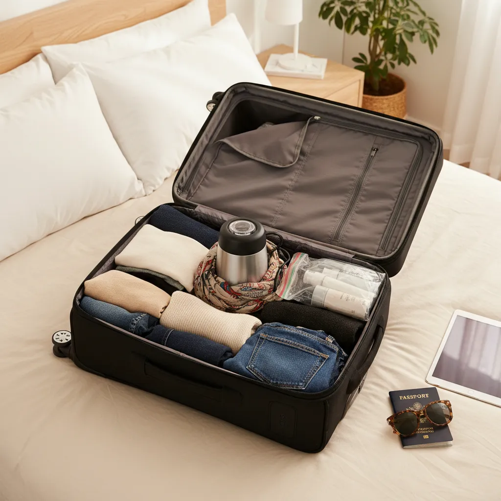 Packing a small kitchen appliance safely into a carry on suitcase with clothes for protection