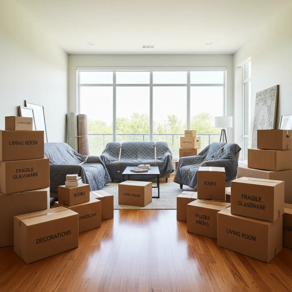 living room filled with labeled moving boxes and packed furniture ready for relocation