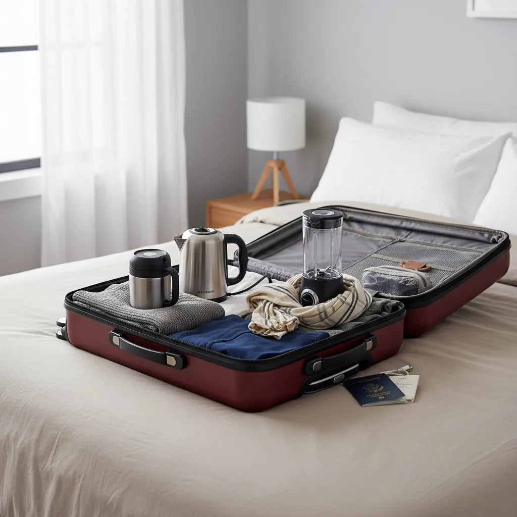 Suitcase packed with blender coffee maker and electric kettle for air travel