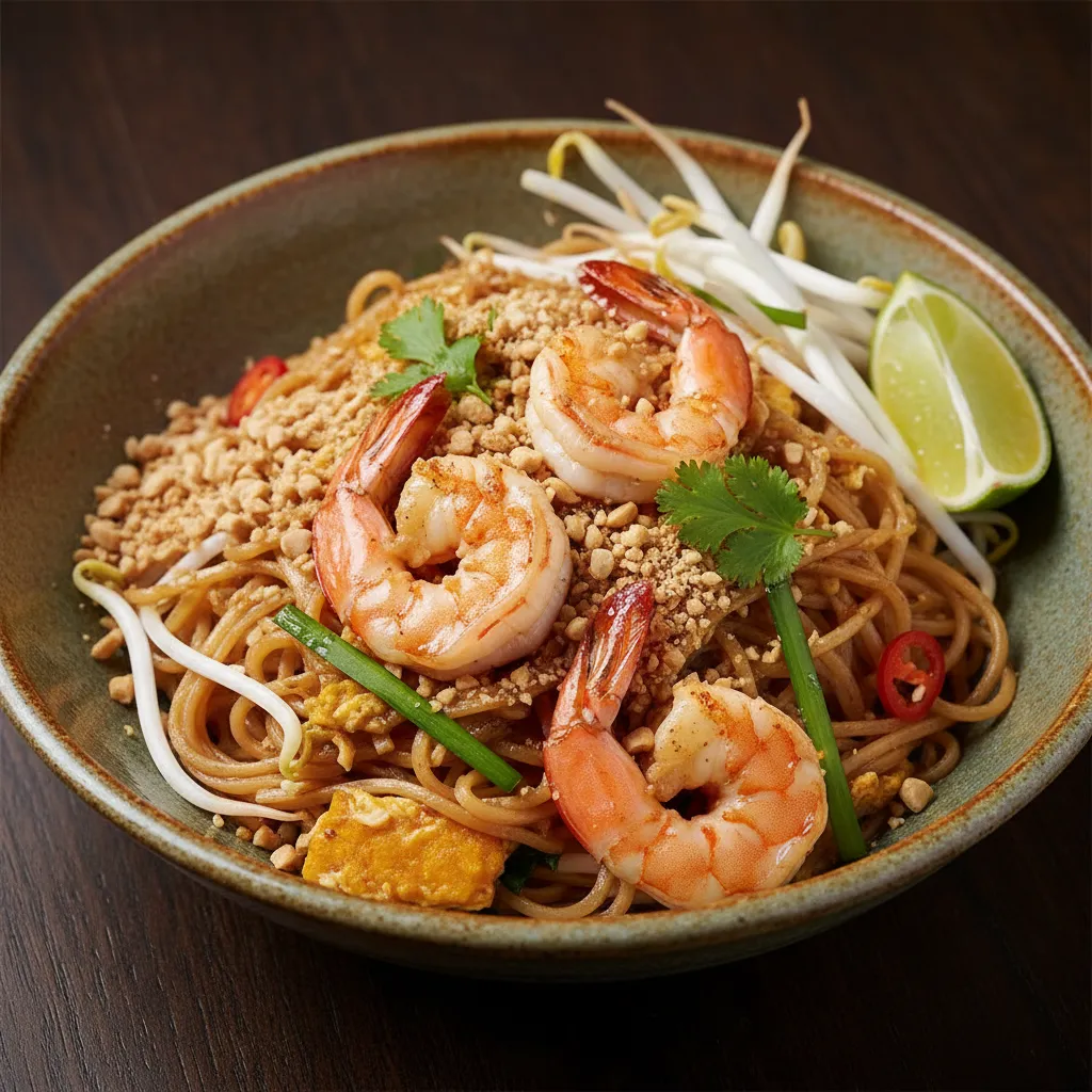 Authentic Pad Thai noodles with peanuts, lime, and bean sprouts