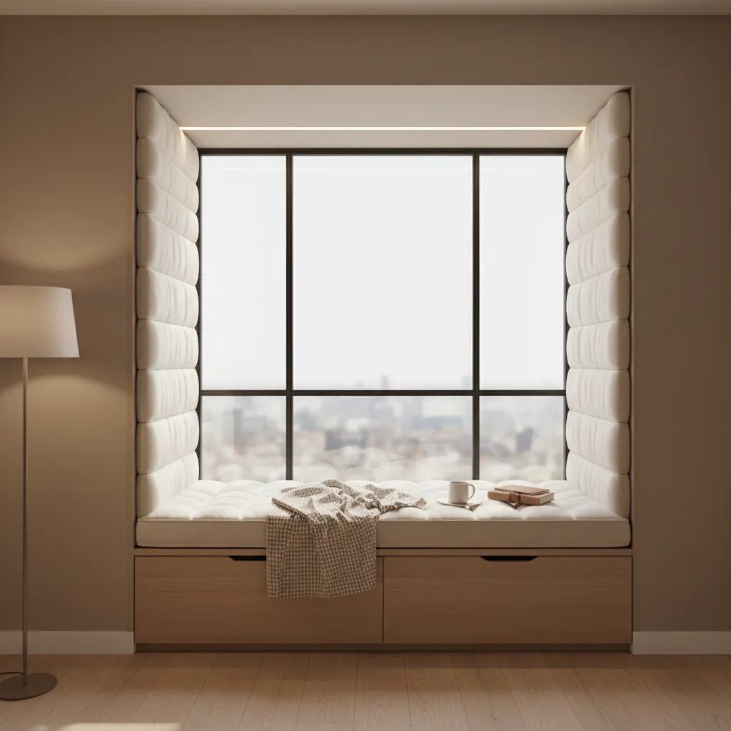 small window reading nook with padded wall cushions