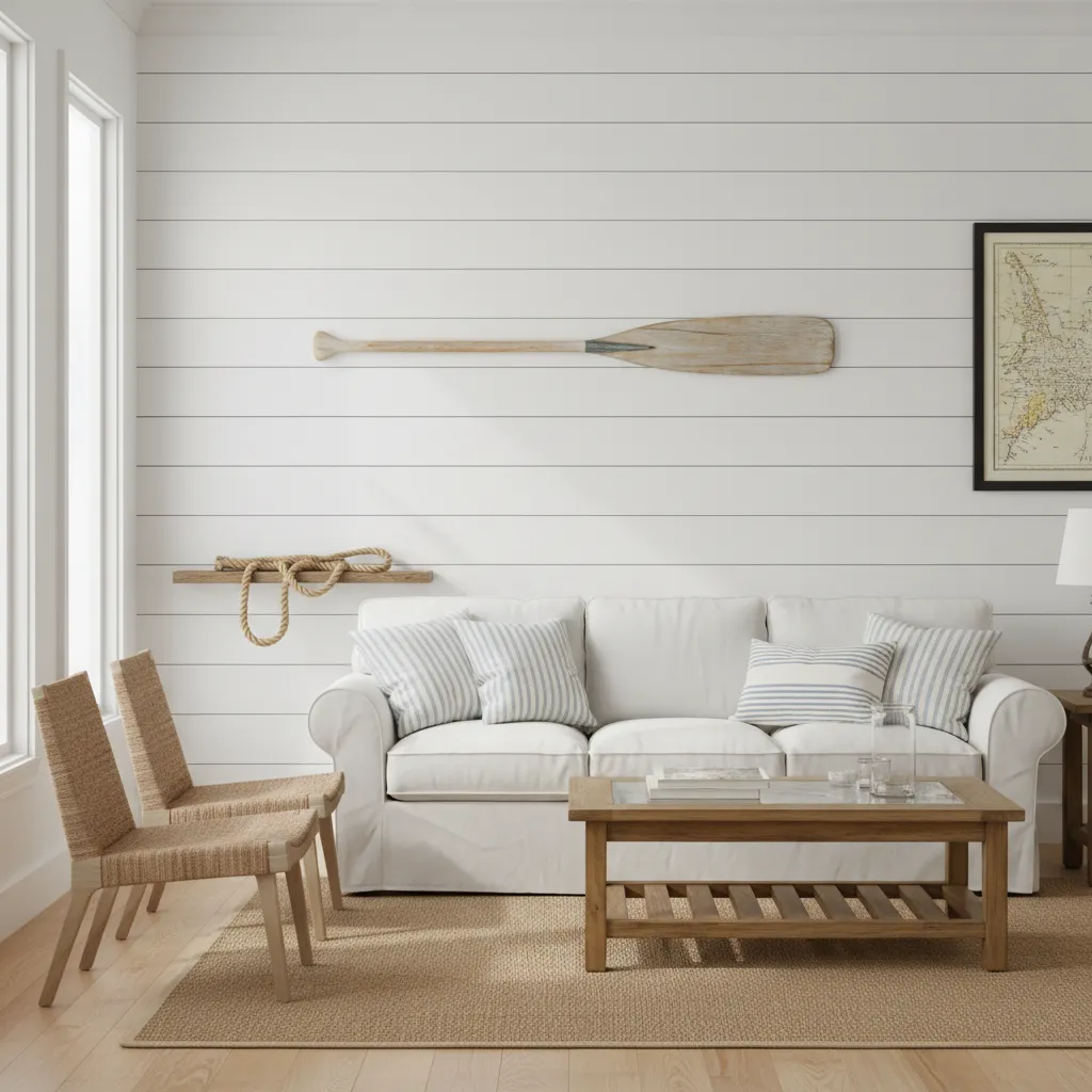 Wide decorative paddle mounted as a wall accent in a coastal room