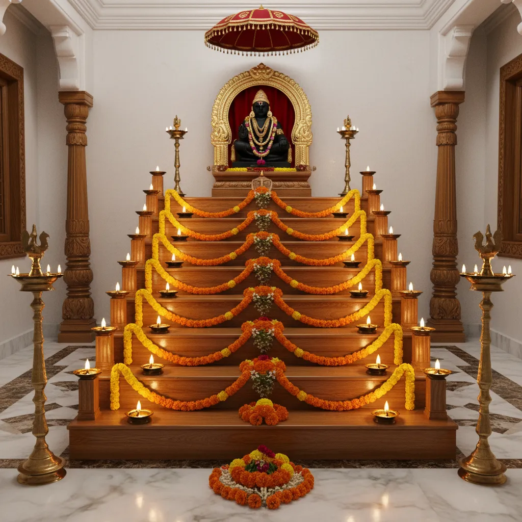 18 step Padi Pooja structure decorated with lamps and flowers