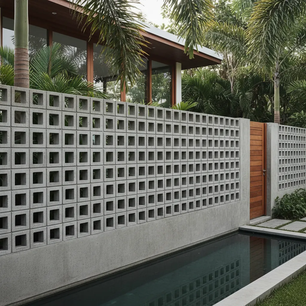 Pagar rumah minimalis dengan roster beton dekoratif