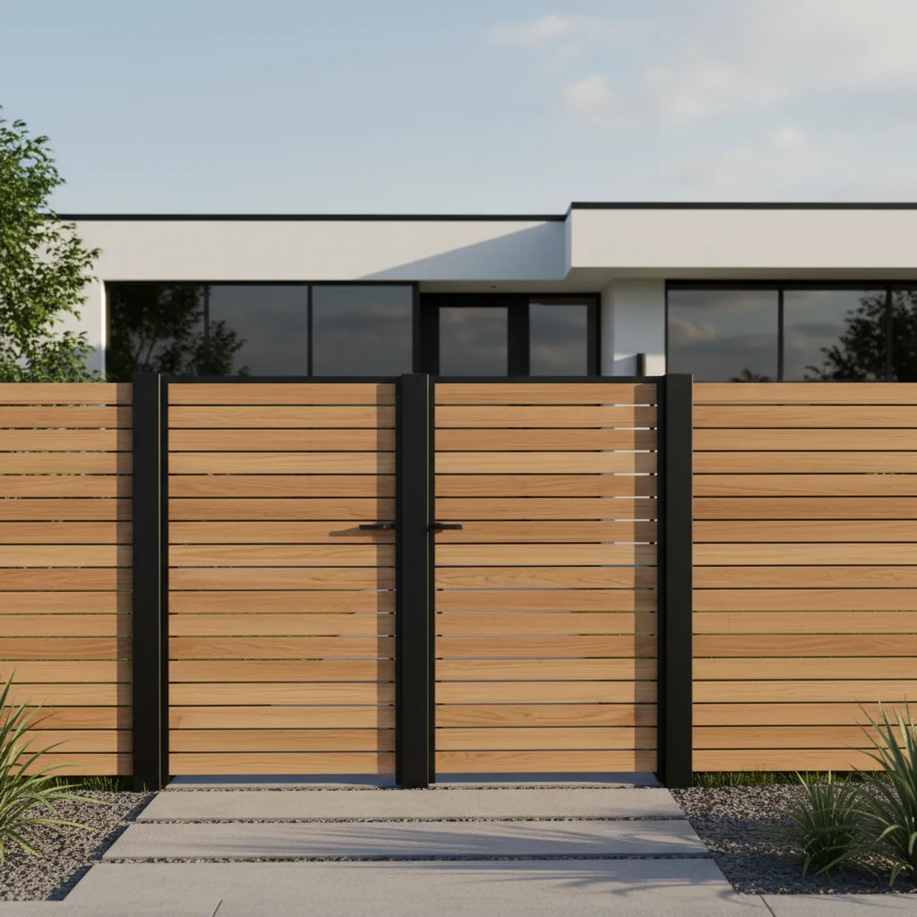 Pagar rumah kombinasi besi dan kayu