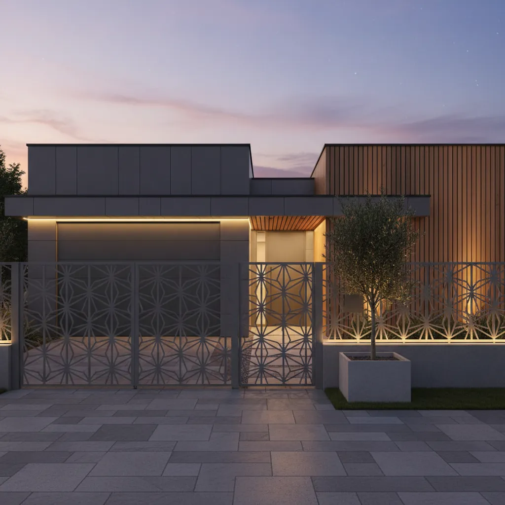 Pagar rumah modern dengan panel motif laser cut