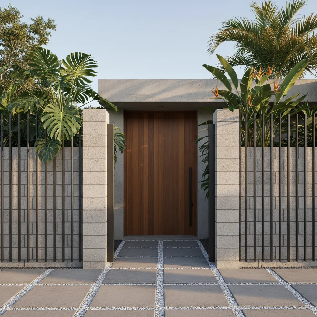 Pagar rumah minimalis dengan tembok beton dan besi vertikal