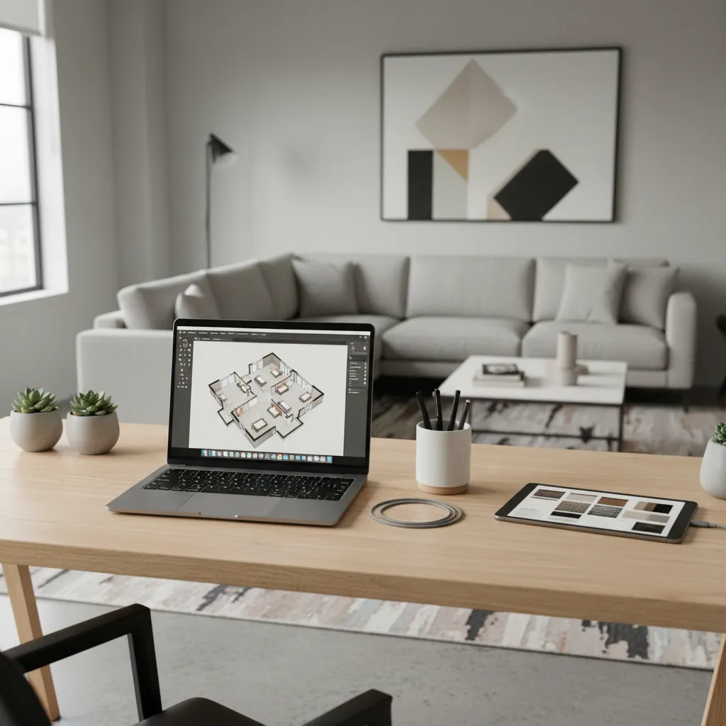 Laptop on wooden desk displaying 3D house floor plan model with modern living room background