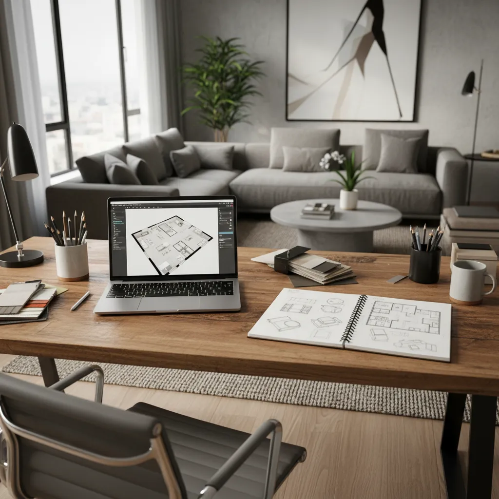 Laptop showing floor plan on wooden desk with notebook in modern living room with sofa