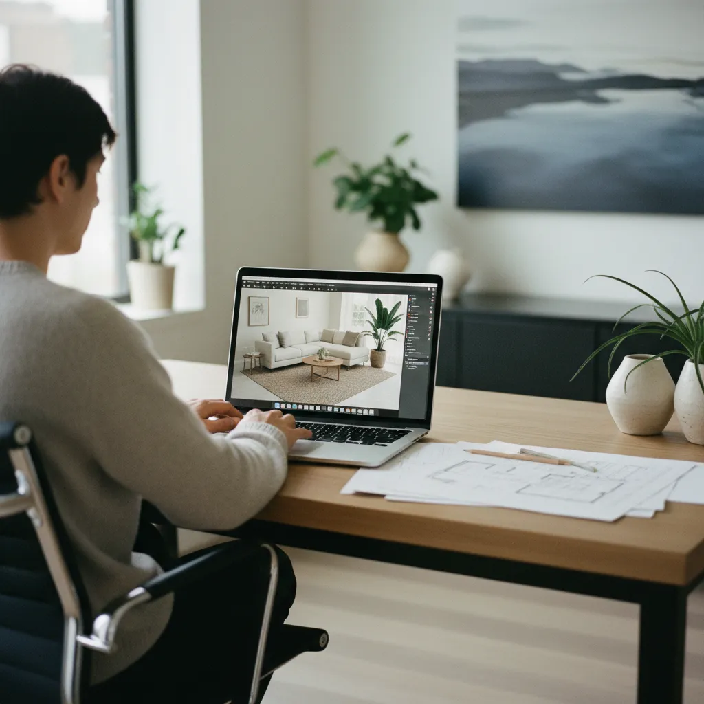 Person using laptop to design living room with white sofa next to paper floor plans