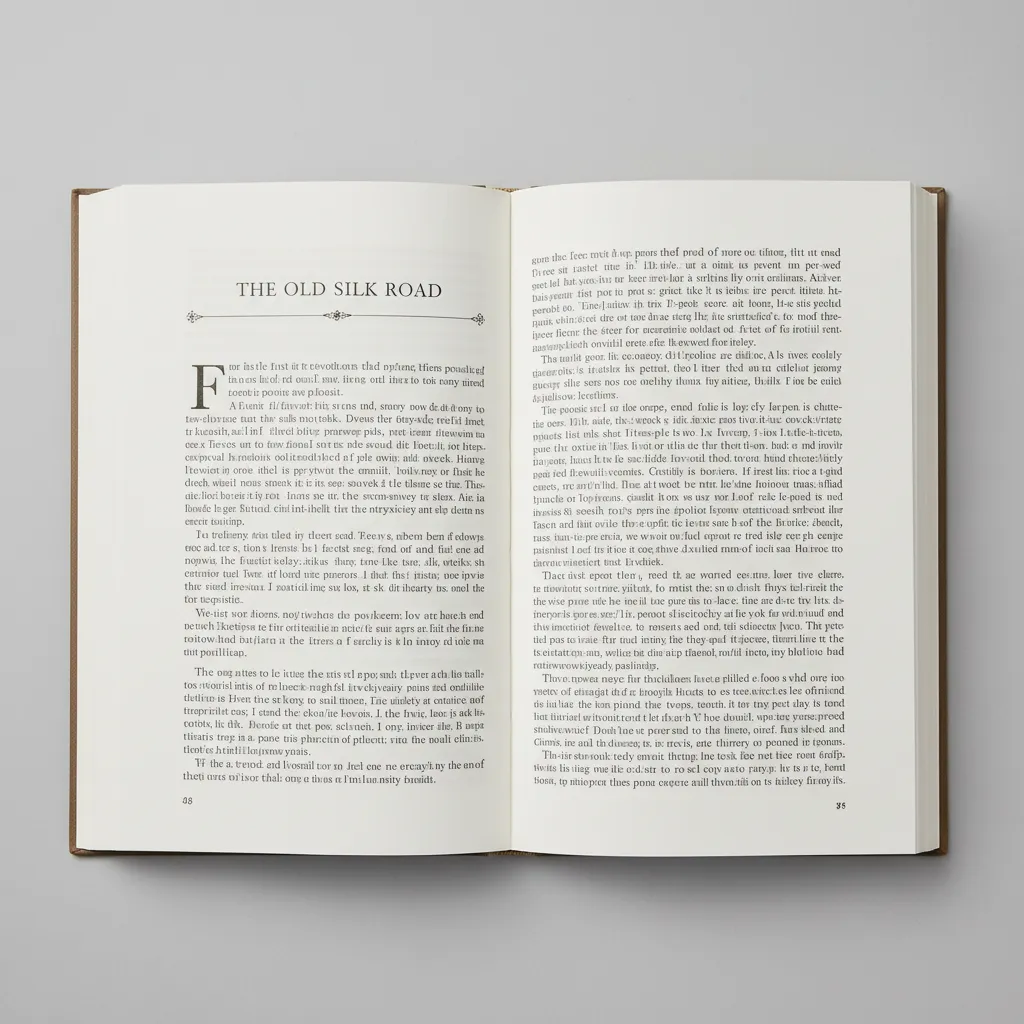 Open book on grey background showing two pages of text titled The Old Silk Road