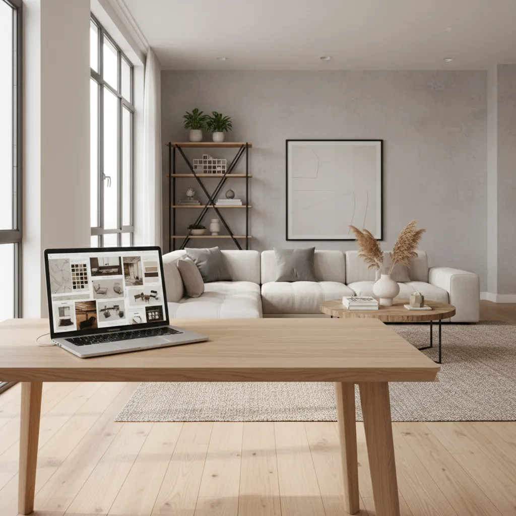Laptop on a wooden table displaying interior design ideas in a bright modern living room