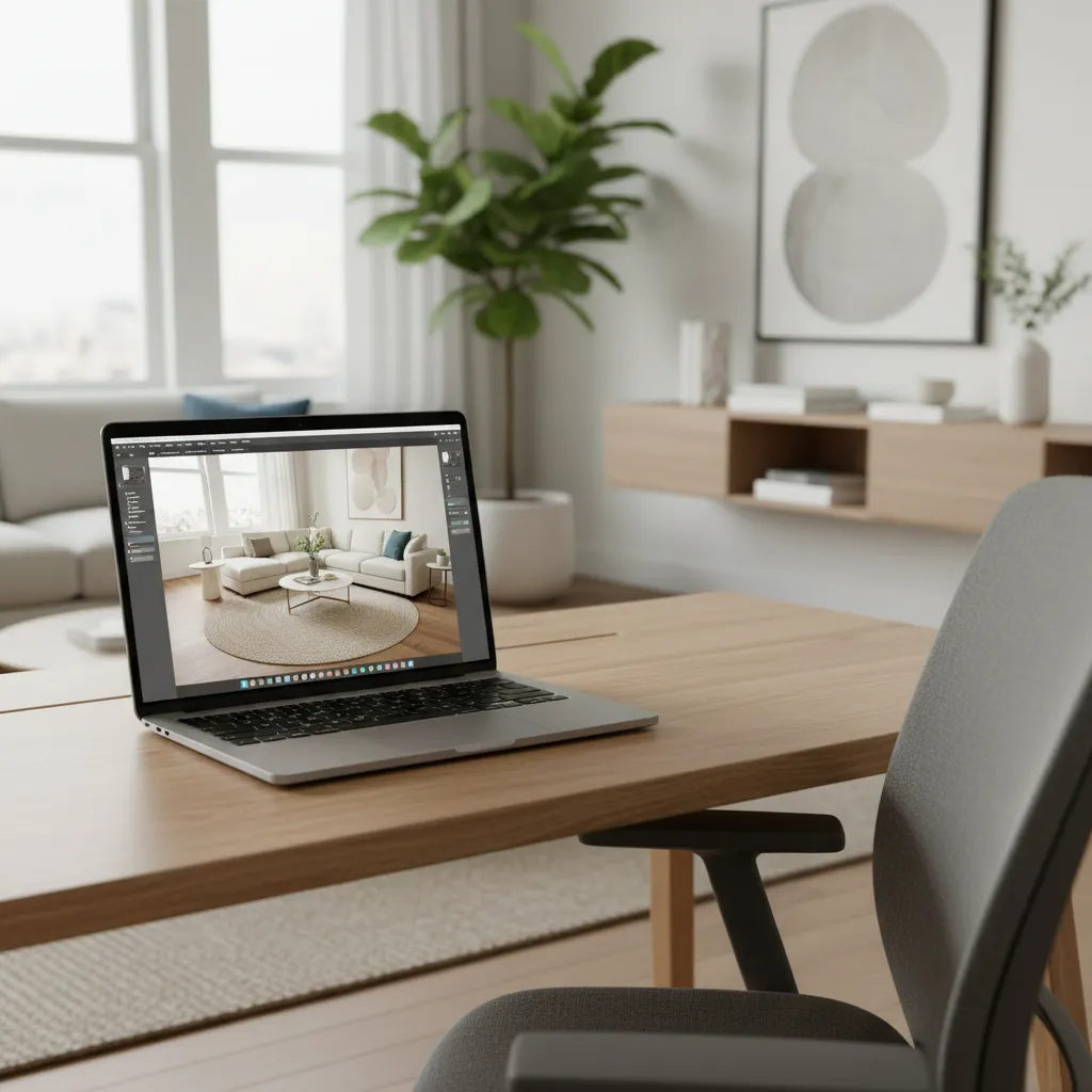 Laptop on wooden desk showing interior design drawing of living room with sofa and plant