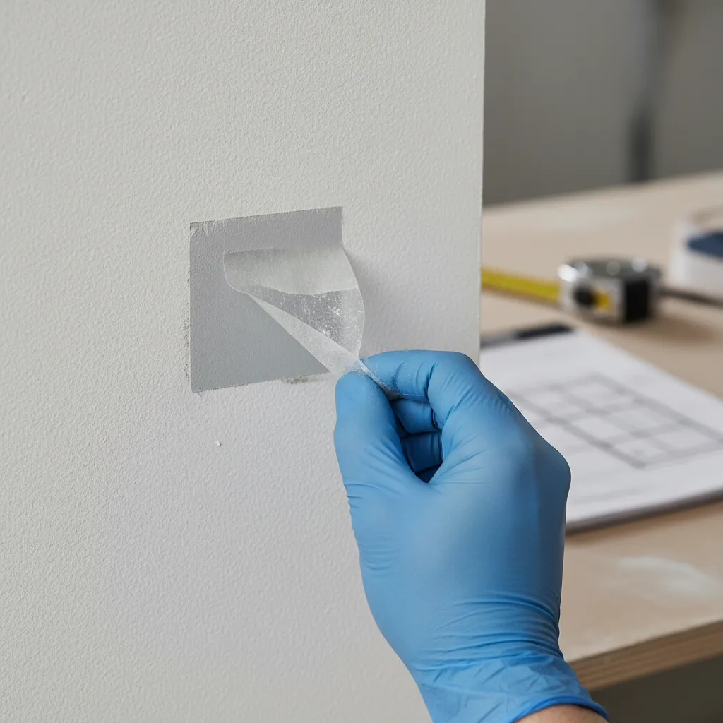 Tape adhesion test on freshly painted wall section