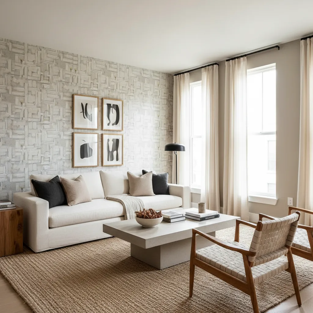 Salón moderno combinando paredes pintadas con una pared de wallpaper