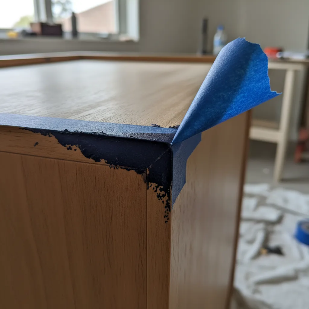 Close-up of paint bleeding under painter tape on furniture edge