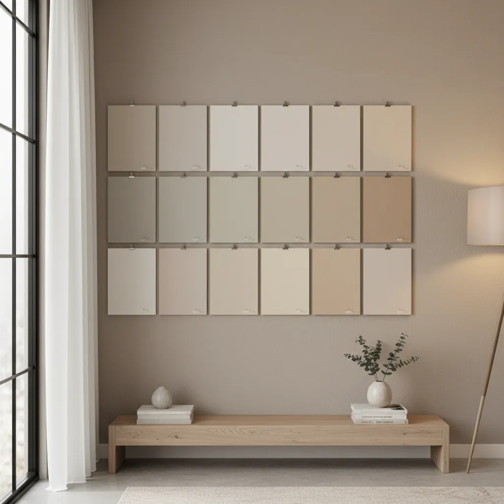 Paint sample boards on a wall showing color differences under daylight and warm indoor lighting