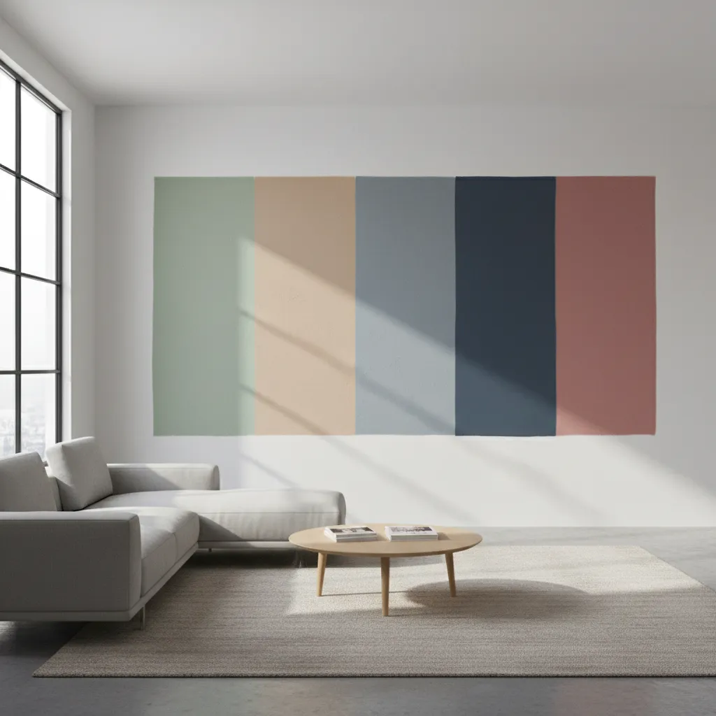 large paint samples tested on interior wall under natural lighting