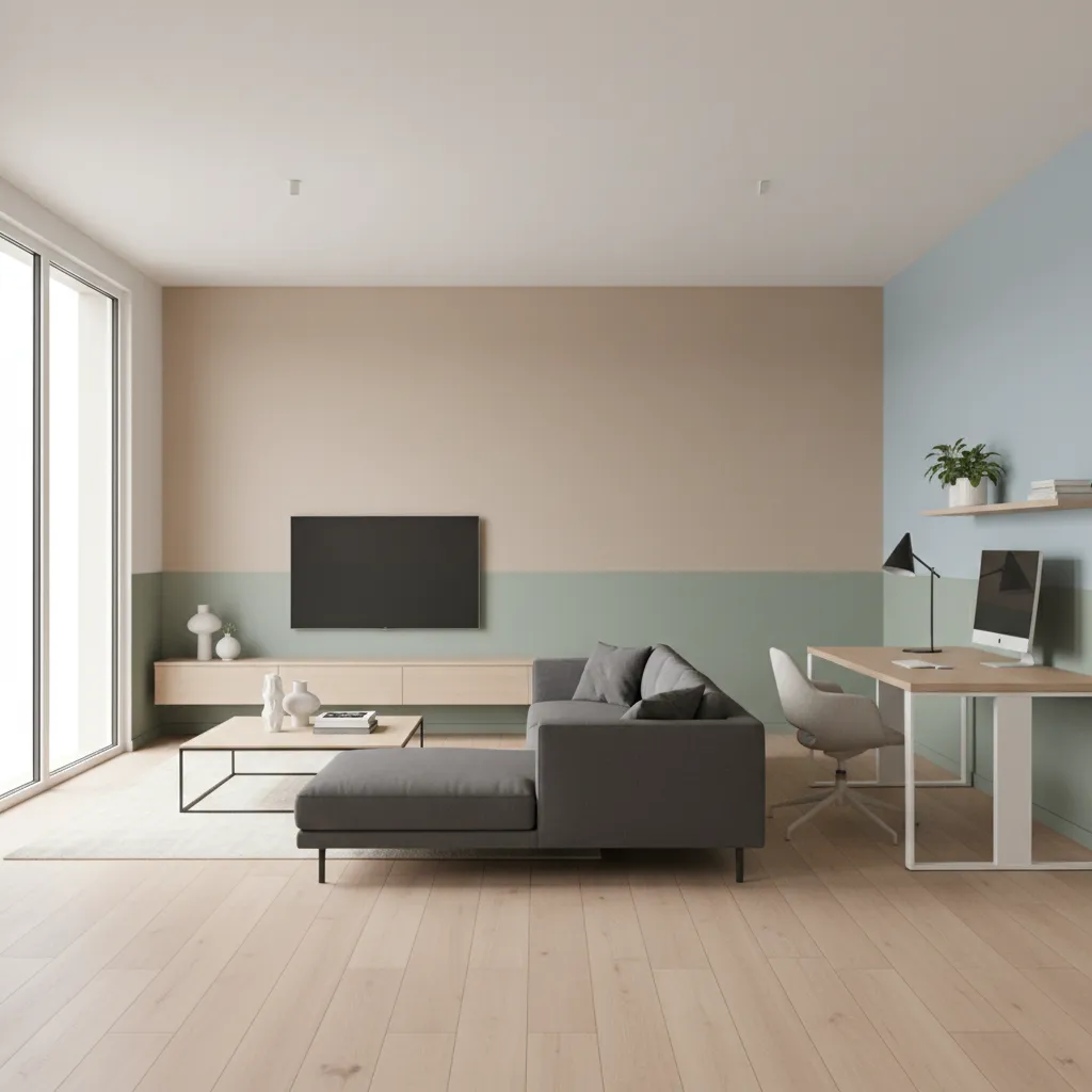 open plan room with paint zoning separating workspace and living area